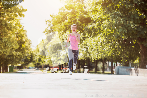 Image of Pretty sporty woman jogging at park in sunrise light