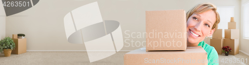 Image of Banner of Happy Young Adult Woman Holding Moving Boxes In Empty 