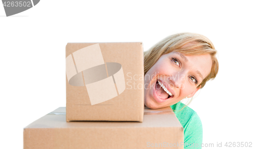 Image of Happy Young Adult Woman Holding Moving Boxes Isolated On A White