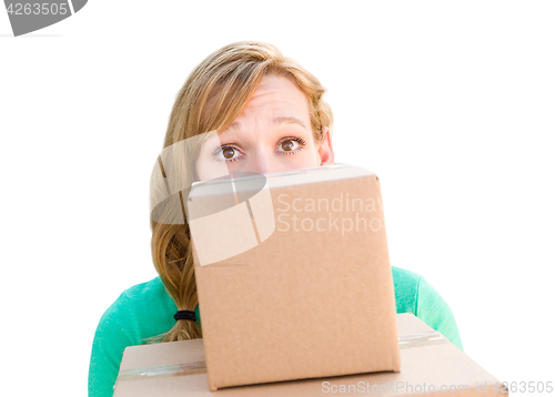 Image of Happy Young Adult Woman Holding Moving Boxes Isolated On A White