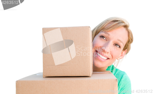 Image of Happy Young Adult Woman Holding Moving Boxes Isolated On A White
