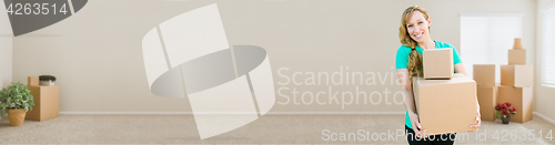 Image of Banner of Happy Young Adult Woman Holding Moving Boxes In Empty 