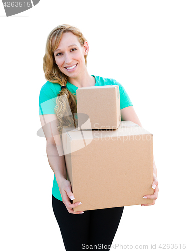 Image of Smiling Young Adult Woman Holding Moving Boxes Isolated On A Whi