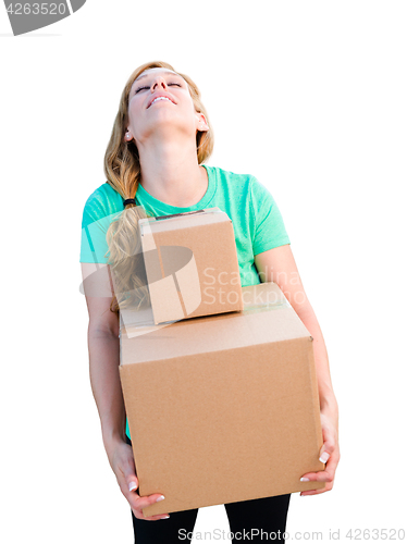 Image of Tired Young Adult Woman Holding Moving Boxes Isolated On A White