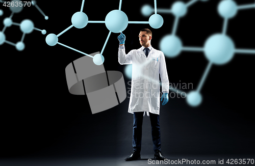 Image of scientist in lab coat with molecules