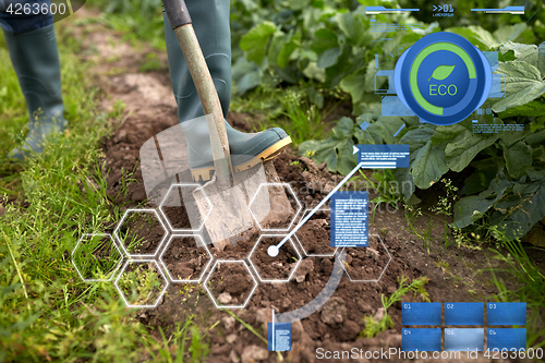 Image of farmer with shovel digging garden bed or farm