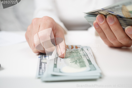 Image of Close up of woman with calculator counting money