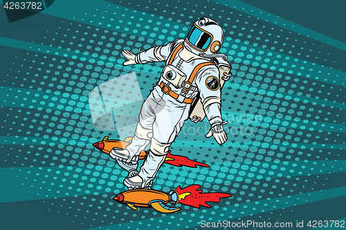 Image of The astronaut is flying on a space rocket skateboard