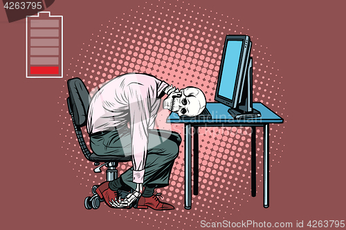 Image of dead businessman skeleton at the computer