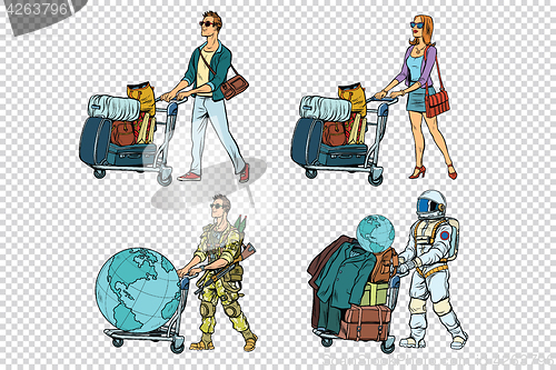 Image of Set travelers man woman soldier and astronaut