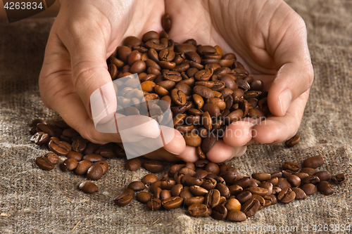 Image of hands with coffee beans