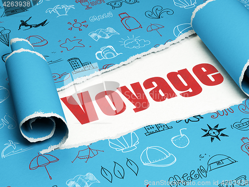 Image of Vacation concept: red text Voyage under the piece of  torn paper