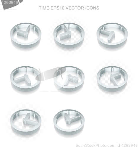 Image of Timeline icons set: different views of metallic Clock, transparent shadow, EPS 10 vector.