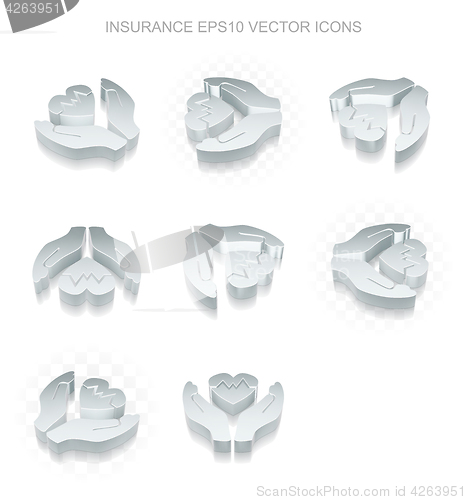 Image of Insurance icons set: different views of metallic Heart And Palm, transparent shadow, EPS 10 vector.