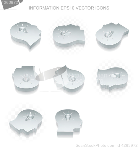 Image of Information icon set: different views of metallic Head With Light Bulb, transparent shadow, EPS 10 vector.