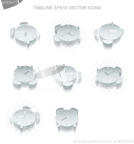 Image of Timeline icons set: different views of metallic Alarm Clock, transparent shadow, EPS 10 vector.