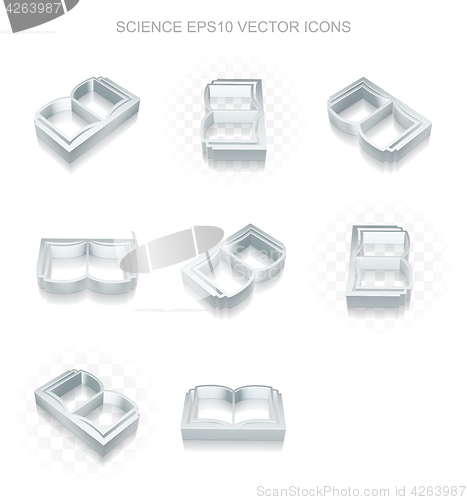 Image of Science icons set: different views of metallic Book, transparent shadow, EPS 10 vector.