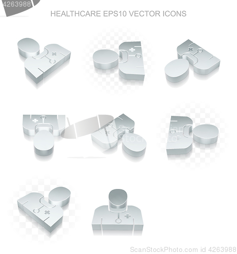 Image of Medicine icons set: different views of metallic Doctor, transparent shadow, EPS 10 vector.