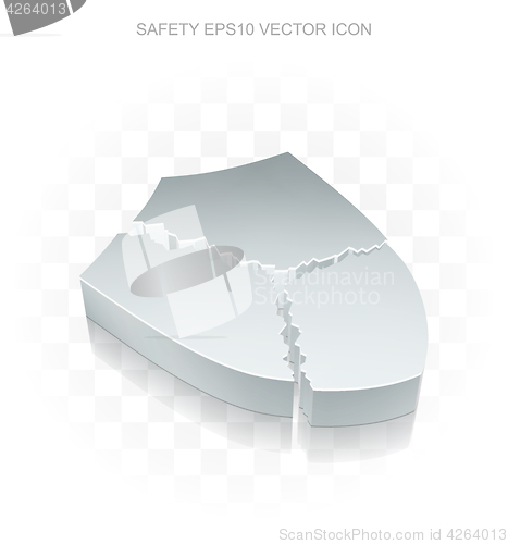 Image of Protection icon: Flat metallic 3d Broken Shield, transparent shadow, EPS 10 vector.