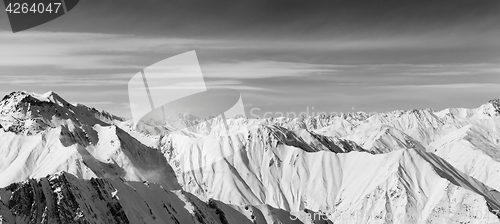 Image of Black and white panorama of snowy mountains in nice winter day