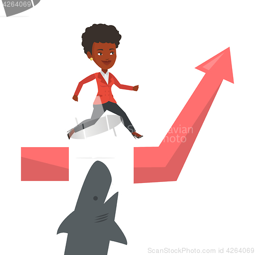 Image of Business woman jumping over ocean with shark.