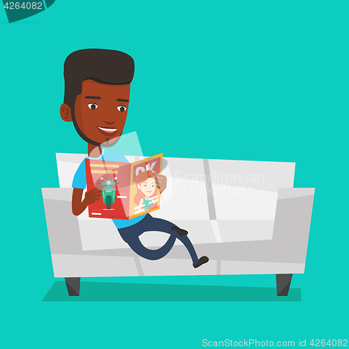 Image of Man reading magazine on sofa vector illustration