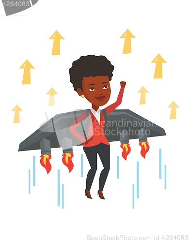 Image of Business woman flying on the rocket to success.