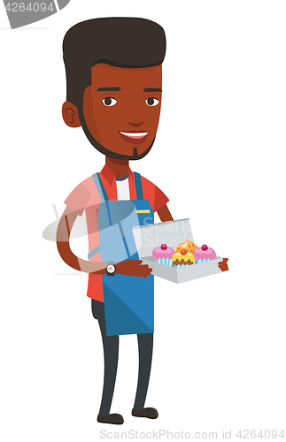 Image of Baker delivering cakes vector illustration.