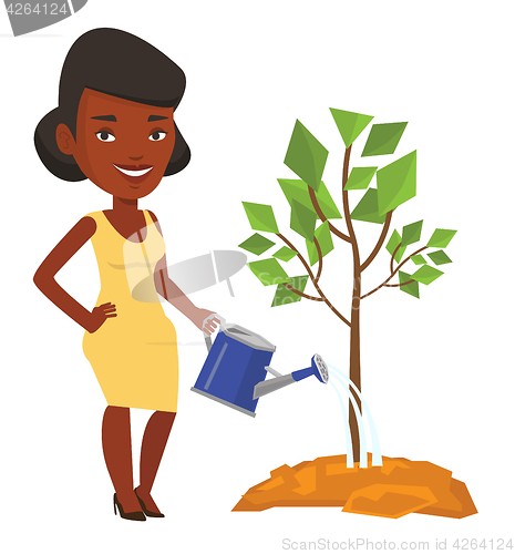 Image of Business woman watering trees vector illustration.