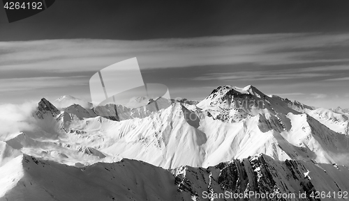 Image of Black and white panorama of snowy mountains in winter