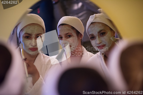 Image of women putting face masks in the bathroom