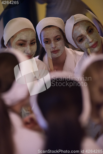 Image of women putting face masks in the bathroom