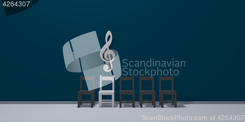 Image of clef symbol over row of chairs - 3d rendering