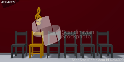 Image of clef symbol over row of chairs - 3d rendering