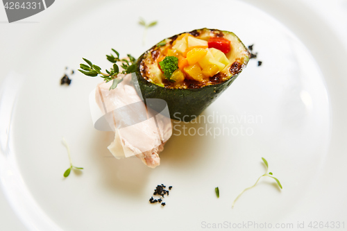 Image of Steamed chicken fillet and vegetables. Shallow dof.