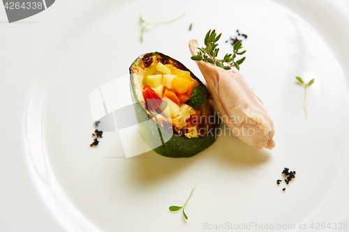 Image of Steamed chicken fillet and vegetables. Shallow dof.