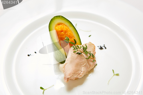 Image of Steamed chicken fillet and vegetables. Shallow dof.