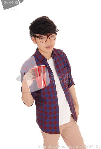 Image of Asian man with coffee tee.		