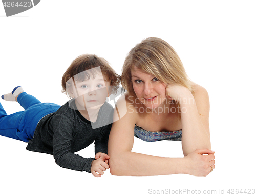 Image of Mother and son lying on floor.