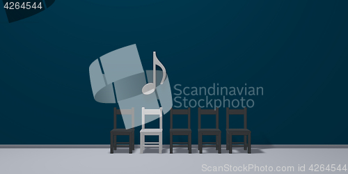 Image of music note symbol over row of chairs - 3d rendering