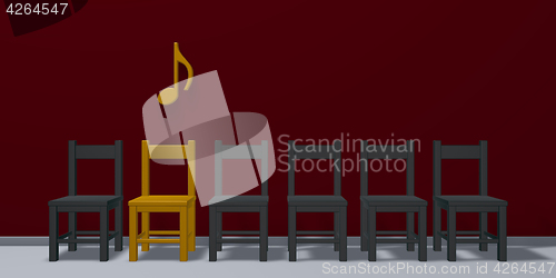 Image of music note symbol over row of chairs - 3d rendering