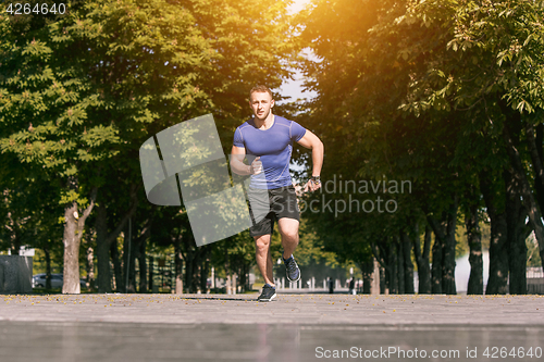 Image of Man running in park at morning. Healthy lifestyle concept