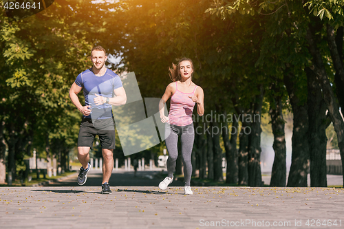 Image of The sporty woman and man jogging at park in sunrise light