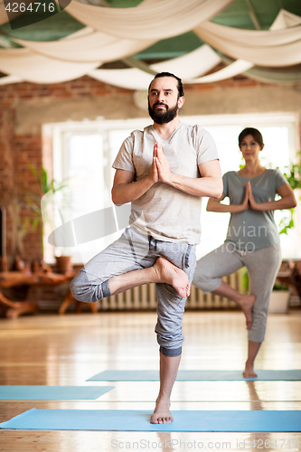 Image of man and woman doing yoga tree pose at studio