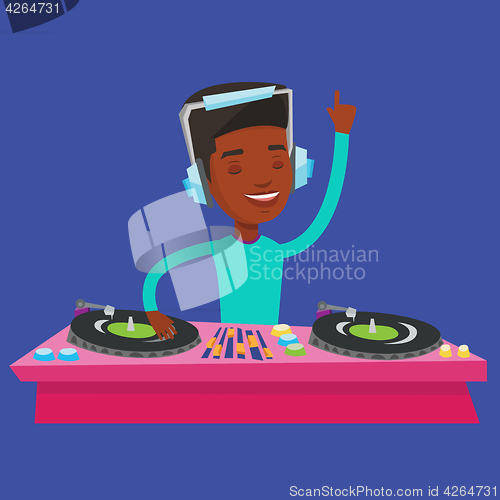 Image of DJ mixing music on turntables vector illustration.