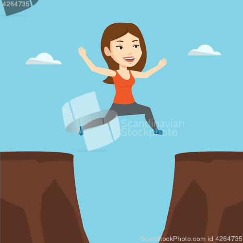 Image of Sportswoman jumping over cliff vector illustration