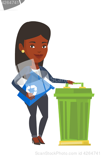 Image of Woman with recycle bin and trash can.