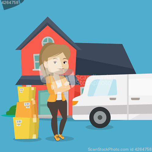 Image of Woman moving to house vector illustration.