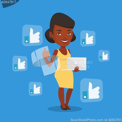Image of Woman with like social network buttons.