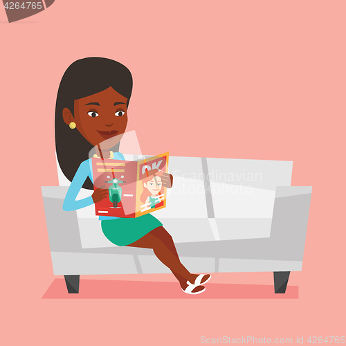 Image of Woman reading magazine on sofa vector illustration